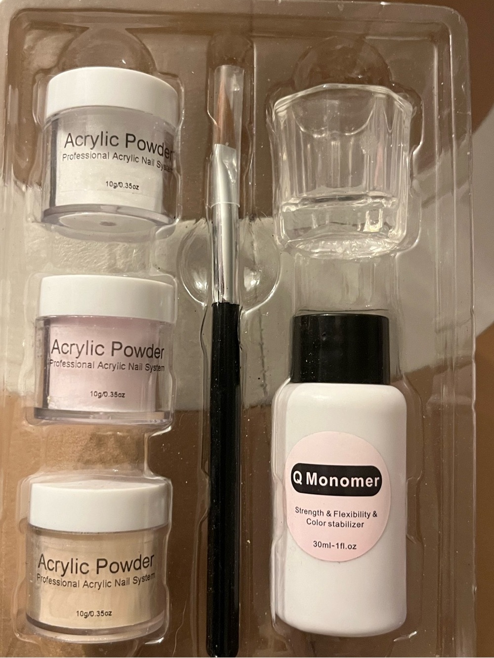 Acrylic Nail Powder Kit with Monomer & Brush - Pink, White, Beige